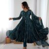 Peacock Blue Mal Chanderi Mirror Lace Work Gown
