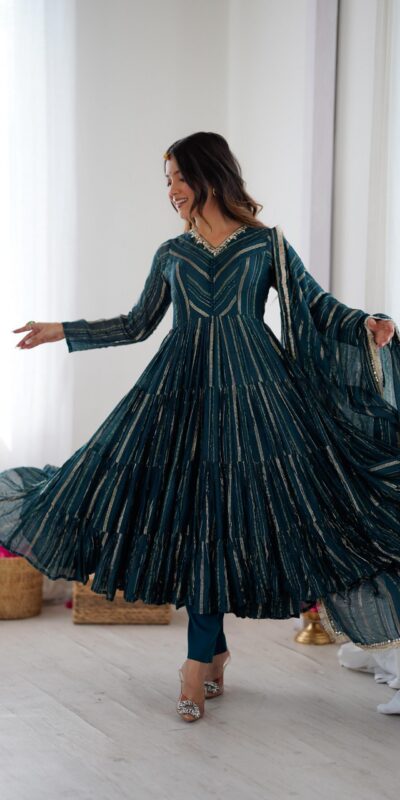 Peacock Blue Mal Chanderi Mirror Lace Work Gown