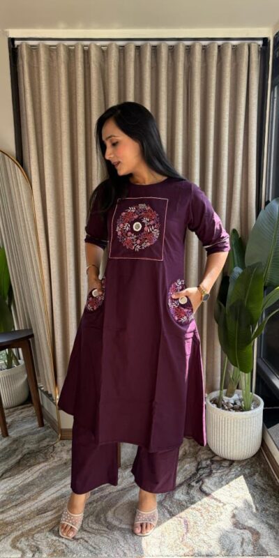 Wine Soft Cotton Slub Embroidery Work Kurti