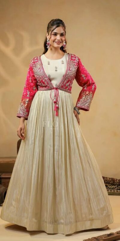 Off White Mono Silk Sequins Work Gown