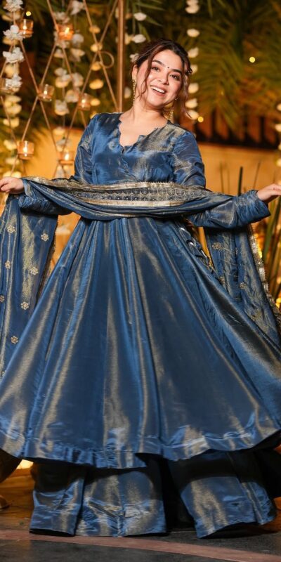 VLM 311 Blue Cosmos Silk Gown. Perfect for Wedding, Party, Baby Shower, Reception, Haldi – Now at just ₹2399. Delivery 4-6 Working Days. Shop now. | Gowns, Bollywood Gowns, Creative Gowns, Designer Gowns, Embroidered Gowns, Party Wear Gowns