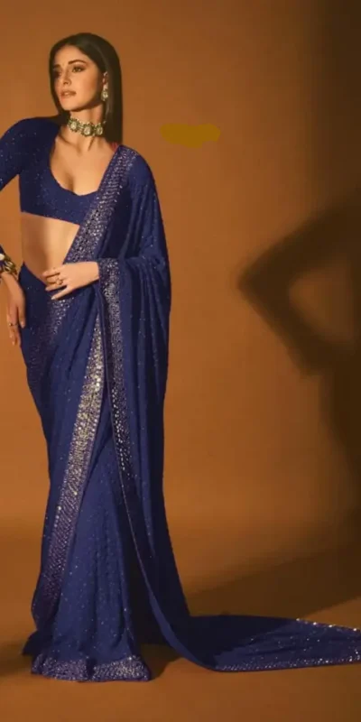 Navy Blue Faux Georgette Embroidery Mirror Work Saree
