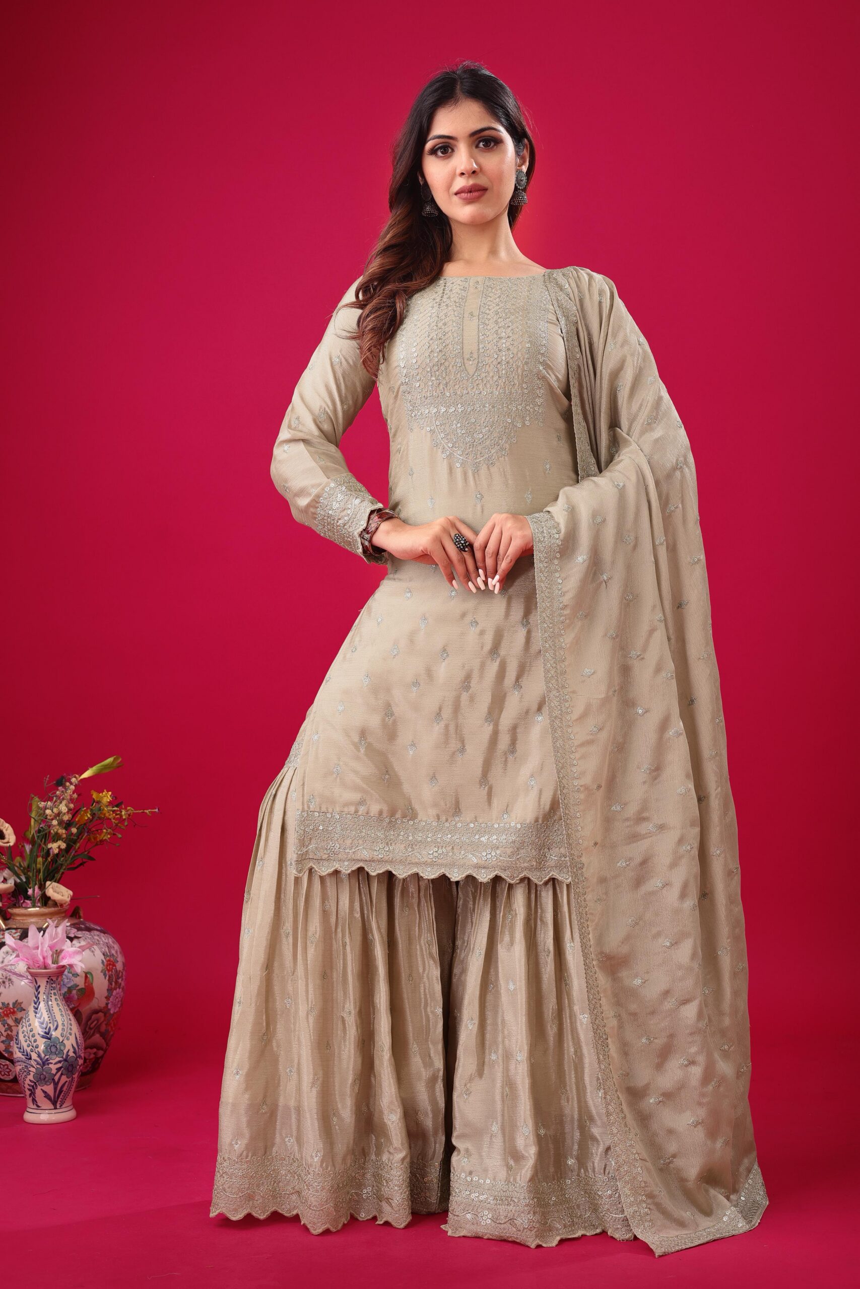 ZF 5006 Cream Color Chinon Silk Sequence Work Salwar Suit Casual, Wedding, Festive, Events . Expected Delivery 4-6 Working Days @2149/- only | Jump Suits, Salwar suit, Designer Suits, Casual Suits, Creative suits, Palazzo Suits, Party Wear Suits, Patiala Suits, Straight Suits
