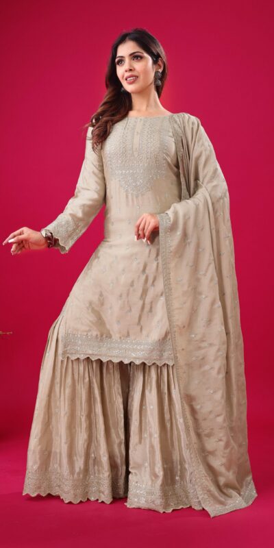 ZF 5006 Cream Color Chinon Silk Sequence Work Salwar Suit Casual, Wedding, Festive, Events . Expected Delivery 4-6 Working Days @2149/- only | Jump Suits, Salwar suit, Designer Suits, Casual Suits, Creative suits, Palazzo Suits, Party Wear Suits, Patiala Suits, Straight Suits