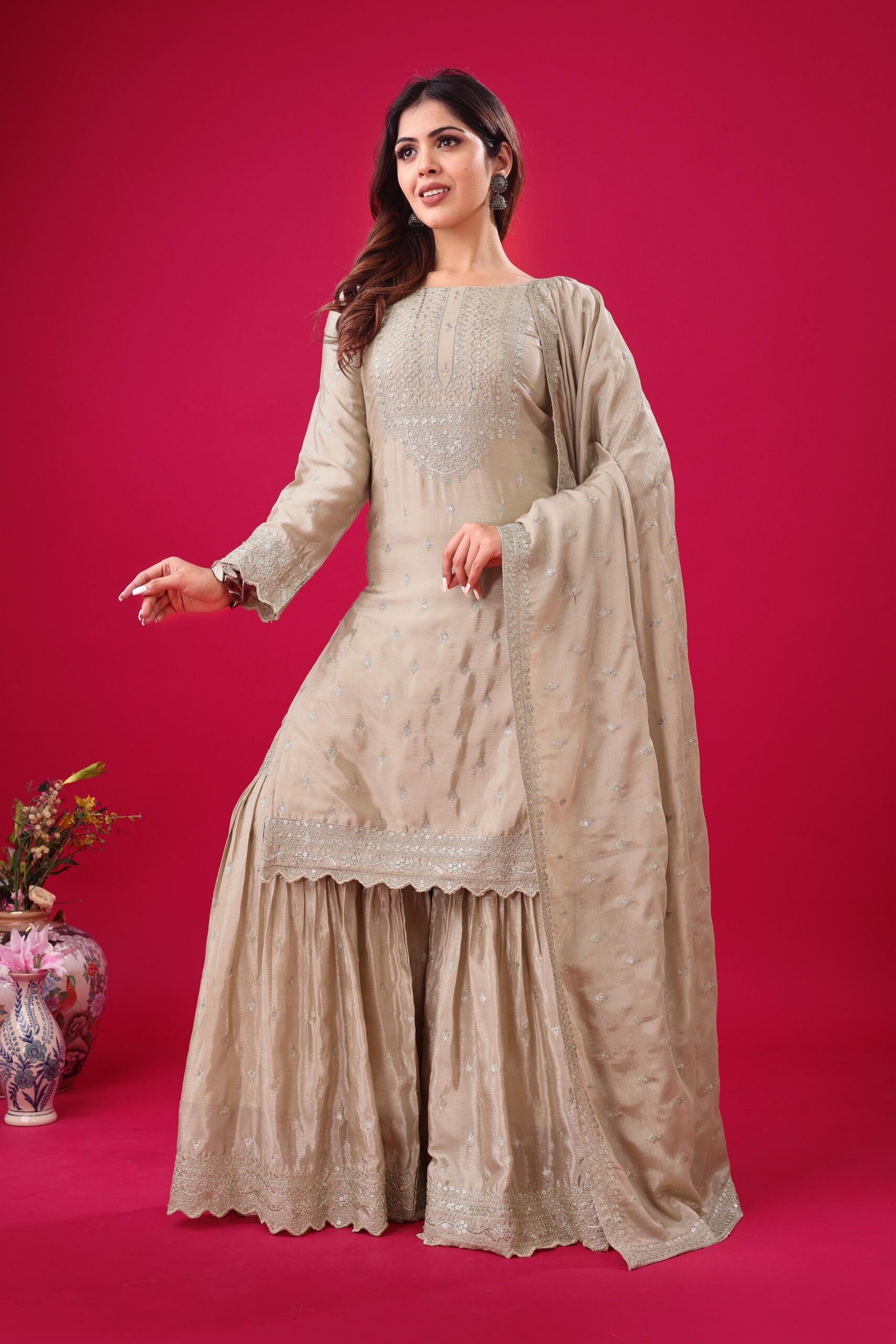 ZF 5006 Cream Color Chinon Silk Sequence Work Salwar Suit Casual, Wedding, Festive, Events . Expected Delivery 4-6 Working Days @2149/- only | Jump Suits, Salwar suit, Designer Suits, Casual Suits, Creative suits, Palazzo Suits, Party Wear Suits, Patiala Suits, Straight Suits