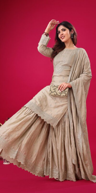 ZF 5006 Cream Color Chinon Silk Sequence Work Salwar Suit Casual, Wedding, Festive, Events . Expected Delivery  4-6 Working Days @2149/- only      | Jump Suits, Salwar suit, Designer Suits, Casual Suits, Creative suits, Palazzo Suits, Party Wear Suits, Patiala Suits, Straight Suits