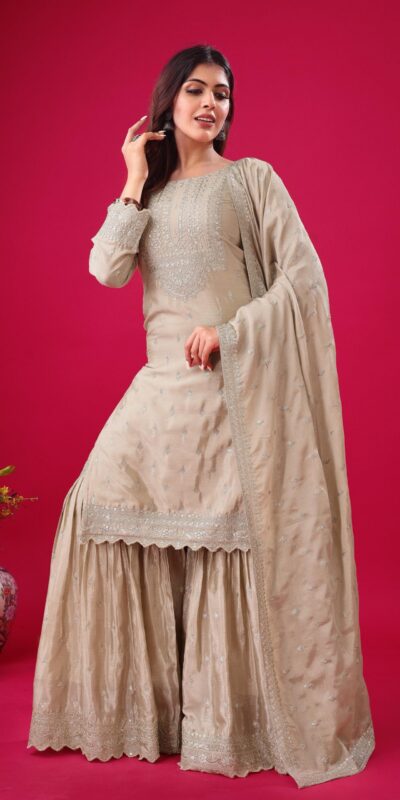 ZF 5006 Cream Color Chinon Silk Sequence Work Salwar Suit Casual, Wedding, Festive, Events . Expected Delivery  4-6 Working Days @2149/- only      | Jump Suits, Salwar suit, Designer Suits, Casual Suits, Creative suits, Palazzo Suits, Party Wear Suits, Patiala Suits, Straight Suits