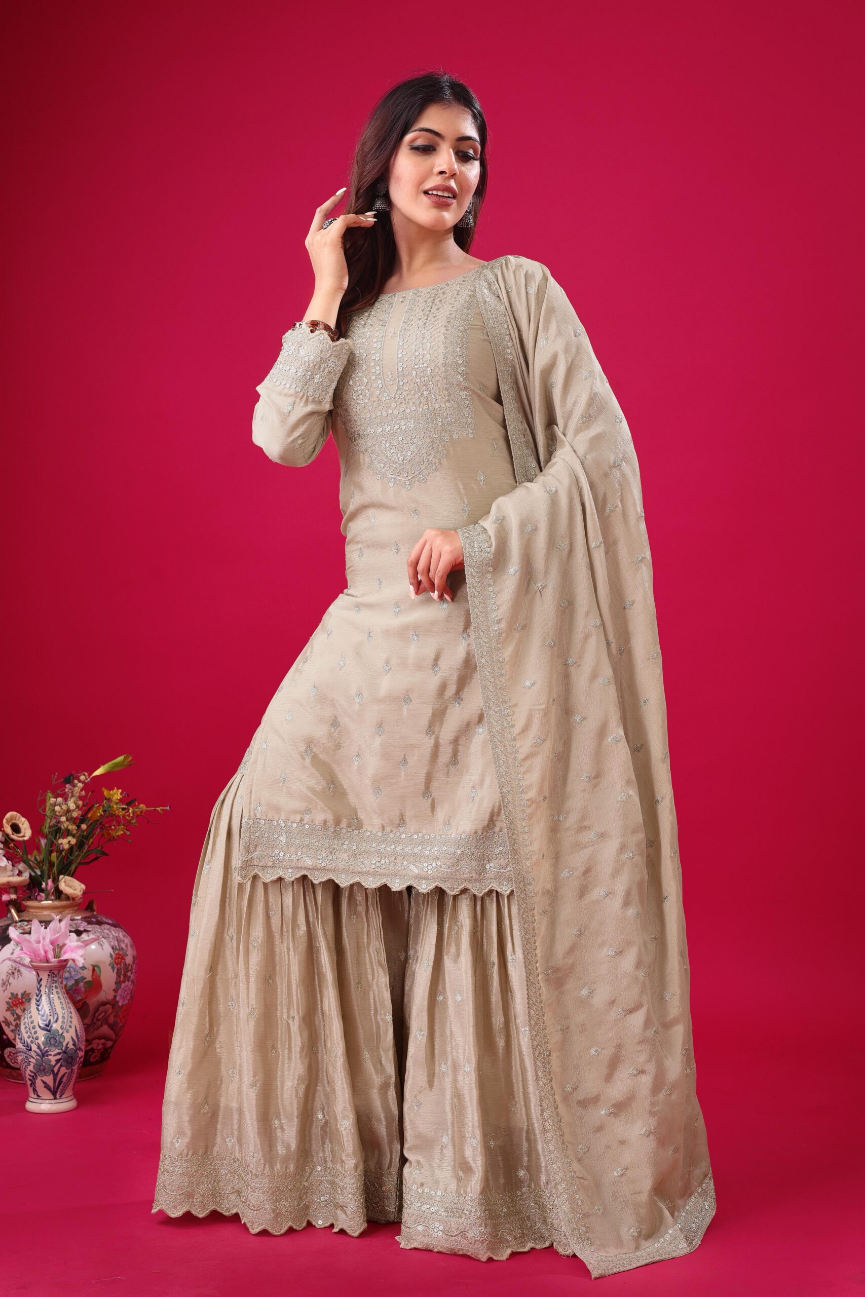 ZF 5006 Cream Color Chinon Silk Sequence Work Salwar Suit Casual, Wedding, Festive, Events . Expected Delivery 4-6 Working Days @2149/- only | Jump Suits, Salwar suit, Designer Suits, Casual Suits, Creative suits, Palazzo Suits, Party Wear Suits, Patiala Suits, Straight Suits