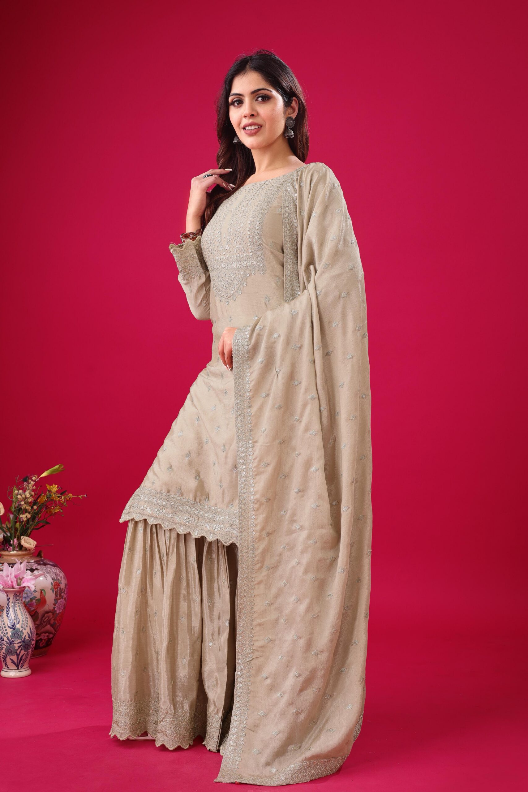 ZF 5006 Cream Color Chinon Silk Sequence Work Salwar Suit Casual, Wedding, Festive, Events . Expected Delivery 4-6 Working Days @2149/- only | Jump Suits, Salwar suit, Designer Suits, Casual Suits, Creative suits, Palazzo Suits, Party Wear Suits, Patiala Suits, Straight Suits