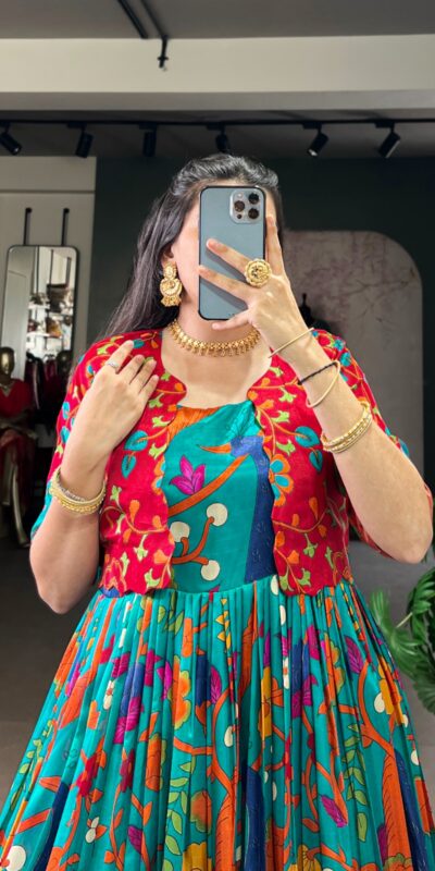 YNF 5035 Firozi in Taser Silk Zari Work & Kalamkari Print Gown . Available at ₹1799 only. Delivery 4-6 Working Days. Shop now. | Gowns, Bollywood Gowns, Creative Gowns, Designer Gowns, Embroidered Gowns, Party Wear Gowns