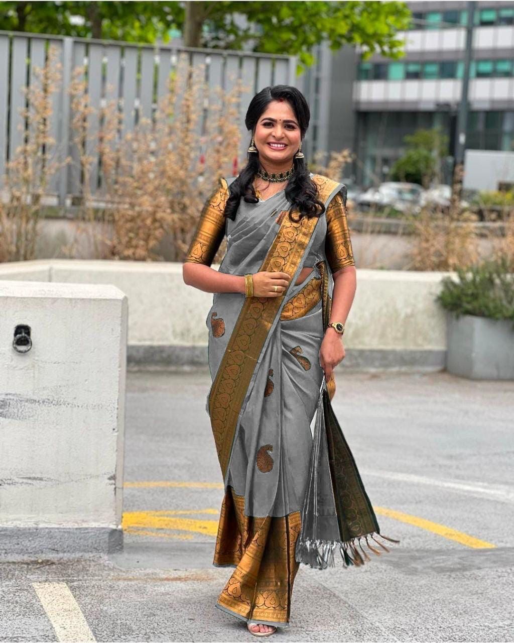 KPR 145 Grey Soft Lichi Silk Jacquard Work All Over Saree for Wedding, Party, Family Gatherings,, Pongal Introductory Price ₹1299. Delivery 4-6 Worki | Sarees, Bollywood Sarees, Creative Sarees, Designer Sarees, Embroidered Sarees, Ethnic Saree, Modern Digital sarees, Party Wear Sarees