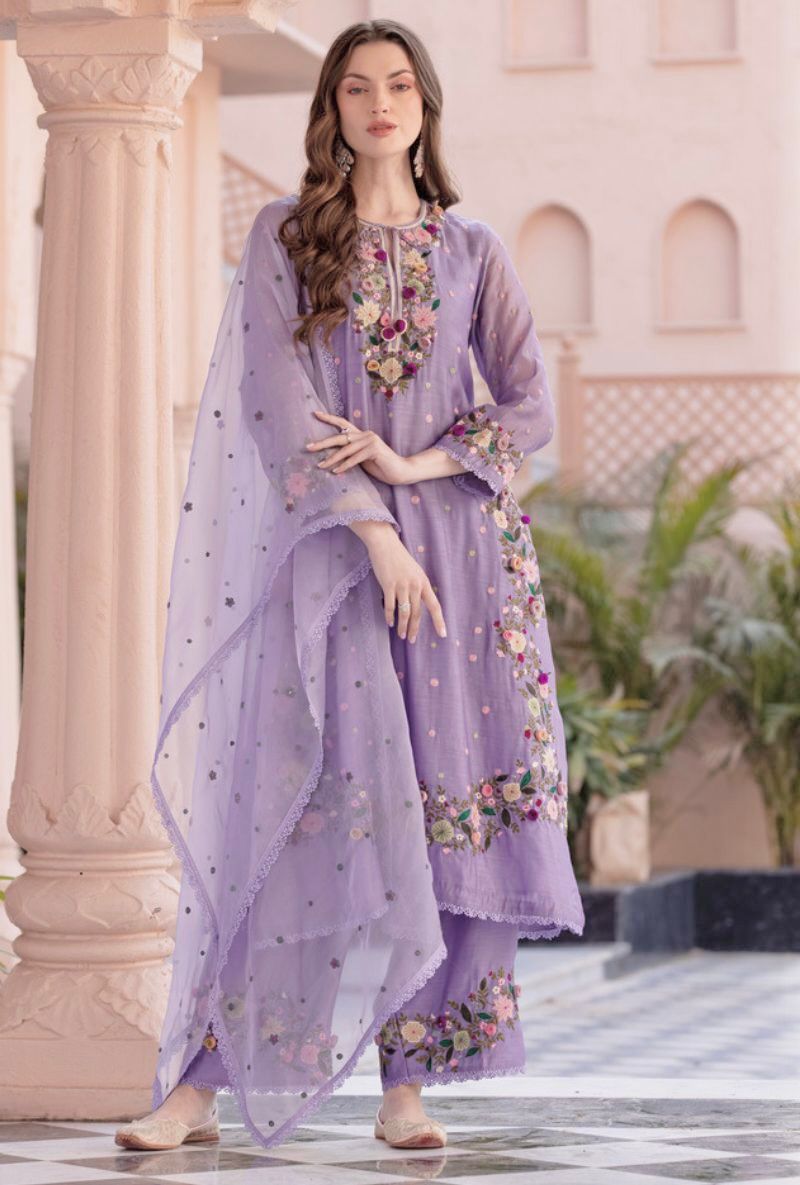 Lavender Faux Georgette Embroidery Lace Work Salwar Suit - Image 5