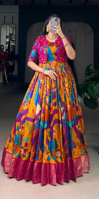 YNF 5035 Mustard in Taser Silk Zari Work & Kalamkari Print Gown . Available at ₹1799 only. Delivery 4-6 Working Days. Shop now. | Gowns, Bollywood Gowns, Creative Gowns, Designer Gowns, Embroidered Gowns, Party Wear Gowns