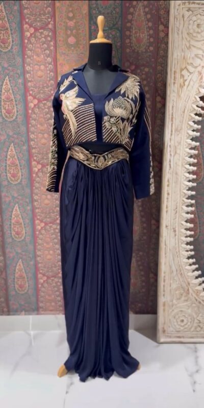 Navy Blue French Crape Embroidery Work Dhoti Suit