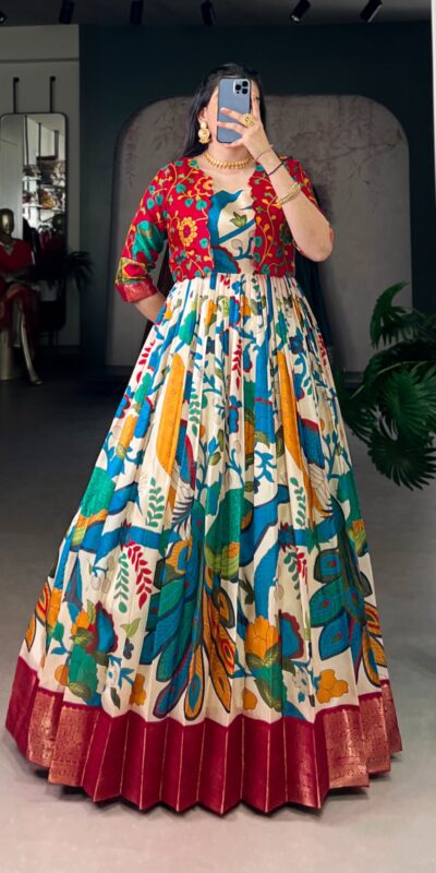 YNF 5035 Off White in Taser Silk Zari Work & Kalamkari Print Gown . Available at ₹1799 only. Delivery 4-6 Working Days. Shop now. | Gowns, Bollywood Gowns, Creative Gowns, Designer Gowns, Embroidered Gowns, Party Wear Gowns