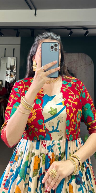 YNF 5035 Off White in Taser Silk Zari Work & Kalamkari Print Gown . Available at ₹1799 only. Delivery 4-6 Working Days. Shop now. | Gowns, Bollywood Gowns, Creative Gowns, Designer Gowns, Embroidered Gowns, Party Wear Gowns