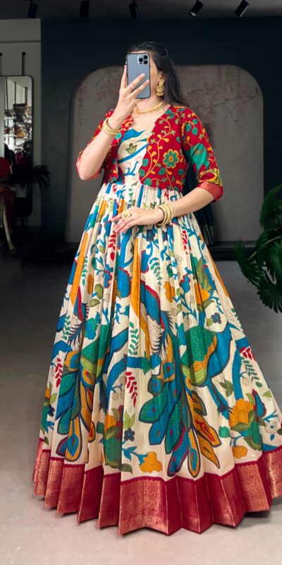 YNF 5035 Off White in Taser Silk Zari Work & Kalamkari Print Gown . Available at ₹1799 only. Delivery 4-6 Working Days. Shop now. | Gowns, Bollywood Gowns, Creative Gowns, Designer Gowns, Embroidered Gowns, Party Wear Gowns