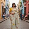 Off White Viscose Rangoli Embroidery Mirror Work Saree