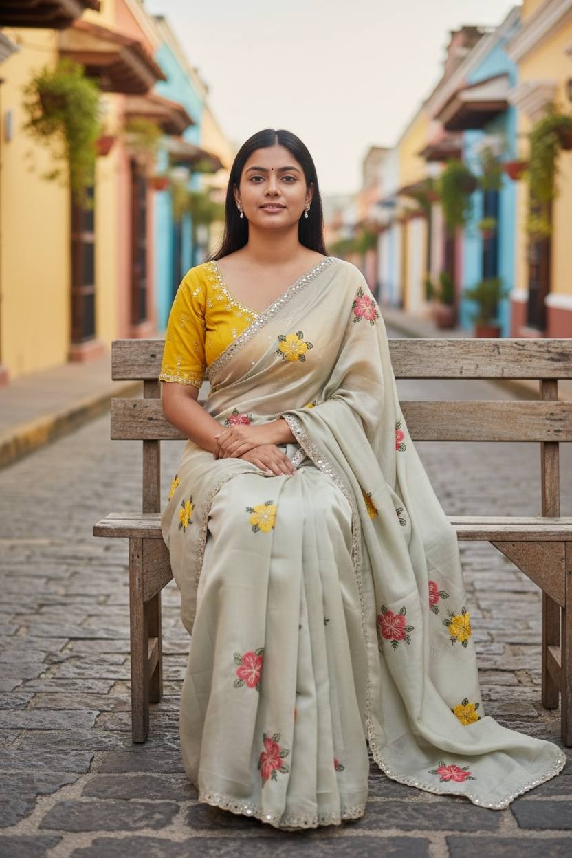 Off White Viscose Rangoli Embroidery Mirror Work Saree - Image 3