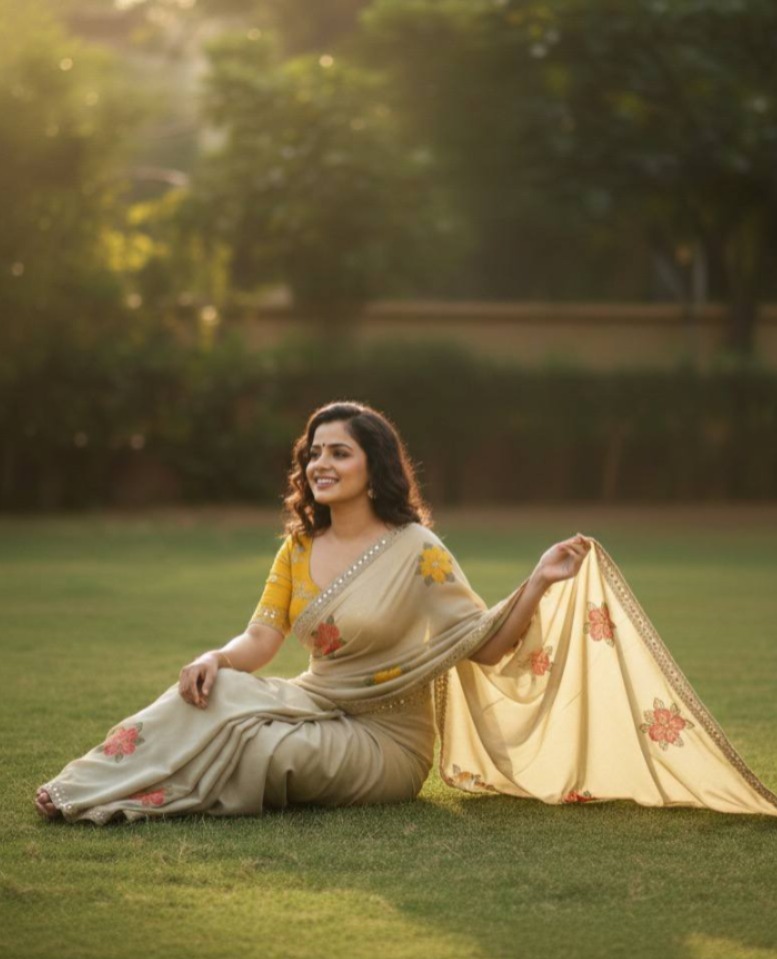 Off White Viscose Rangoli Embroidery Mirror Work Saree - Image 6