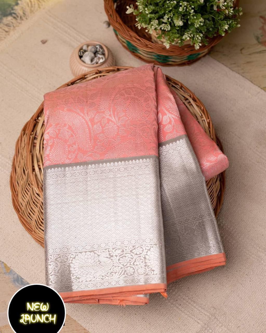 Peach Soft Lichi Silk Border Lace Work Saree - Image 3