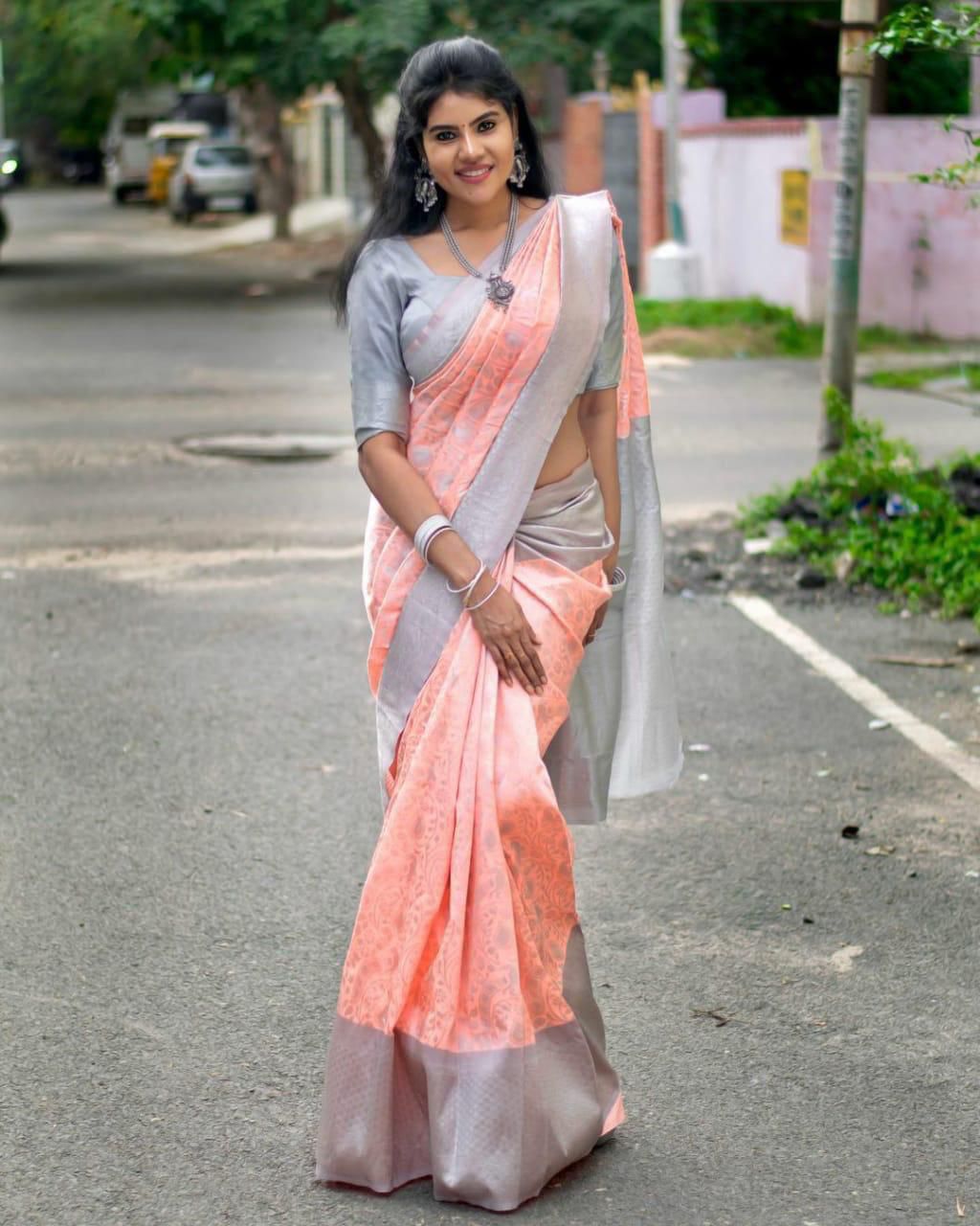 Peach Soft Lichi Silk Border Lace Work Saree - Image 2