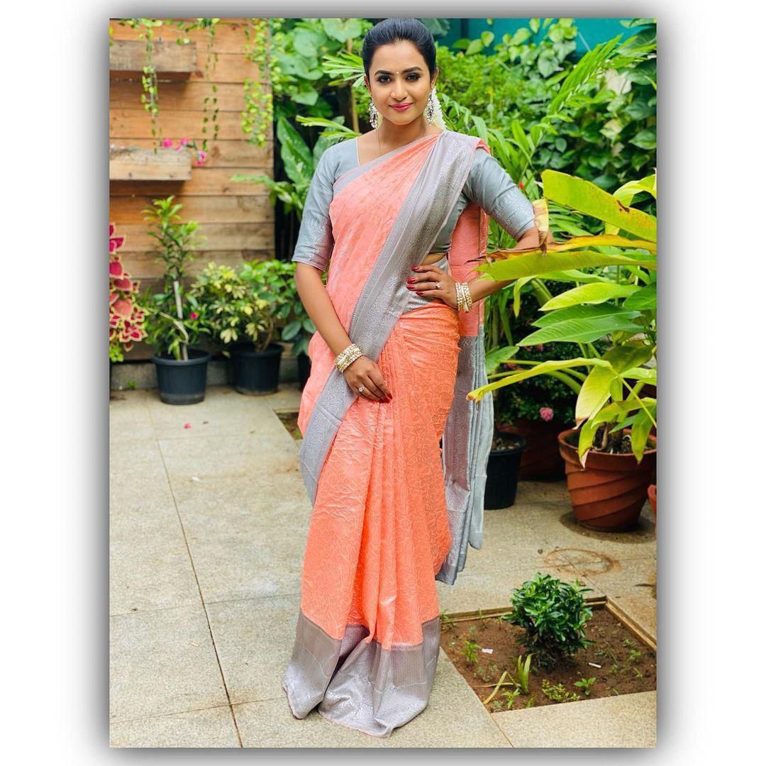 Peach Soft Lichi Silk Border Lace Work Saree