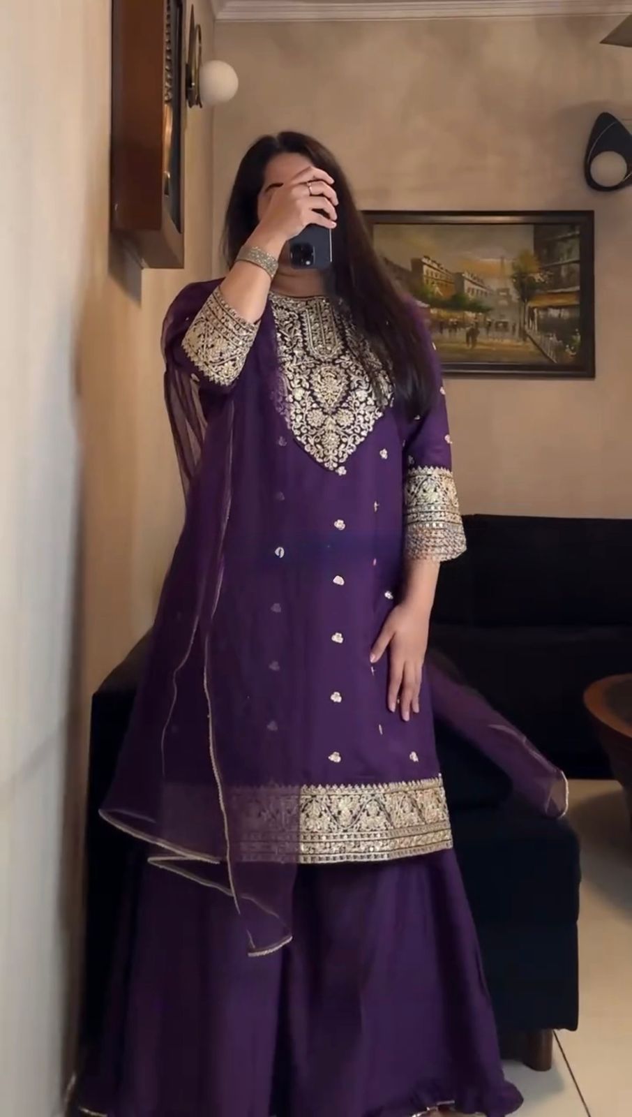 Purple Faux Georgette Lace Work Salwar Suit - Image 3