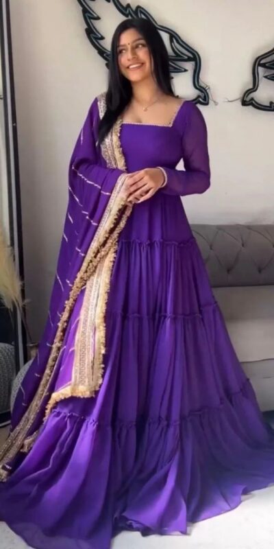 KD 1539 Purple Faux Georgette Ruffle Style Gown. Wedding, Party, Festive, Events Grab it for ₹2099. Delivery 4-6 Working Days. Shop now. | Gowns, Bollywood Gowns, Creative Gowns, Designer Gowns, Embroidered Gowns, Party Wear Gowns