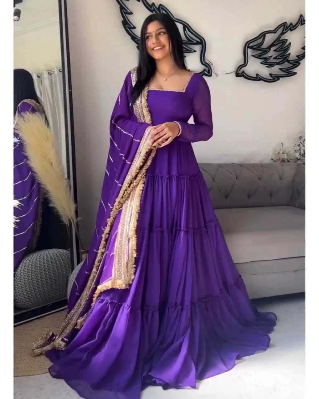 KD 1539 Purple Faux Georgette Ruffle Style Gown. Wedding, Party, Festive, Events Grab it for ₹2099. Delivery 4-6 Working Days. Shop now. | Gowns, Bollywood Gowns, Creative Gowns, Designer Gowns, Embroidered Gowns, Party Wear Gowns