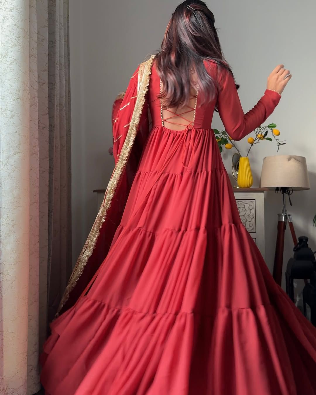 KD 1539 Red Faux Georgette Ruffle Style Gown. Wedding, Party, Festive, Events Grab it for ₹2099. Delivery 4-6 Working Days. Shop now. | Gowns, Bollywood Gowns, Creative Gowns, Designer Gowns, Embroidered Gowns, Party Wear Gowns