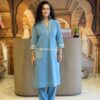 Sky Blue Cambric Cotton Embroidery Lace Work Kurti