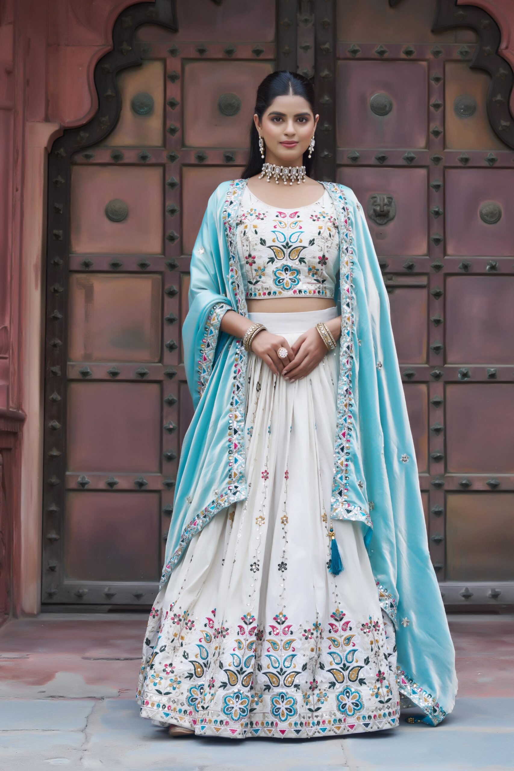 Sky Blue Tissue Silk Thread Embroidery Work Lehenga Choli - Image 4