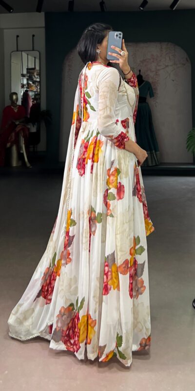 YNF 5103 White Lace Work Gown in Chiffon. Get it for ₹1899. Wedding, Party, Festive, Events Delivery 4-6 Working Days. Shop now. | Gowns, Bollywood Gowns, Creative Gowns, Designer Gowns, Embroidered Gowns, Party Wear Gowns