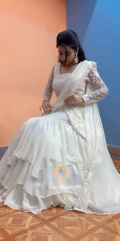 KF 1663 White Faux Georgette Lehenga Choli with Embroidery Work & Sequins Work. Grab it for ₹2099. Delivery 4-6 Working Days. Shop now. | Lehenga, Bollywood Lehenga, Creative Lehenga, Designer Lehenga, Embroidered Lehenga, Party Wear Lehenga