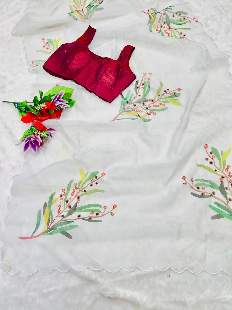 White TB Organza Digital Print Saree - Image 3