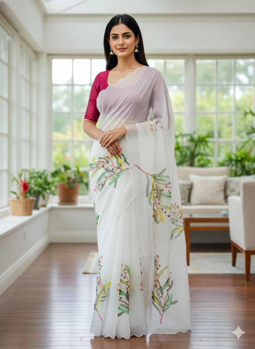 White TB Organza Digital Print Saree