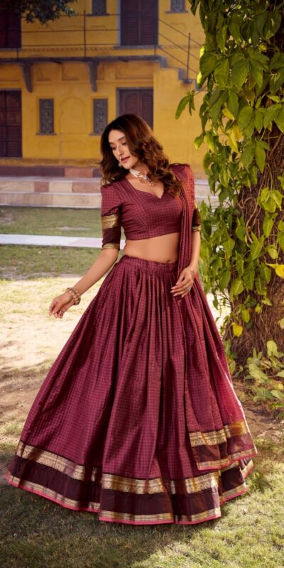 LNB 1900 Wine Color Chettinad Cotton Chex Zari Work Lehenga Choli . Now at just ₹3249. Delivery 4-6 Working Days. Shop now. | Lehenga, Bollywood Lehenga, Creative Lehenga, Designer Lehenga, Embroidered Lehenga, Party Wear Lehenga