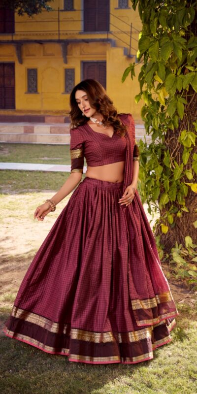 LNB 1900 Wine Color Chettinad Cotton Chex Zari Work Lehenga Choli . Now at just ₹3249. Delivery 4-6 Working Days. Shop now. | Lehenga, Bollywood Lehenga, Creative Lehenga, Designer Lehenga, Embroidered Lehenga, Party Wear Lehenga