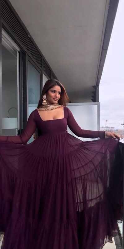 KD 1539 Wine Faux Georgette Ruffle Style Gown. Wedding, Party, Festive, Events Grab it for ₹2099. Delivery 4-6 Working Days. Shop now. | Gowns, Bollywood Gowns, Creative Gowns, Designer Gowns, Embroidered Gowns, Party Wear Gowns