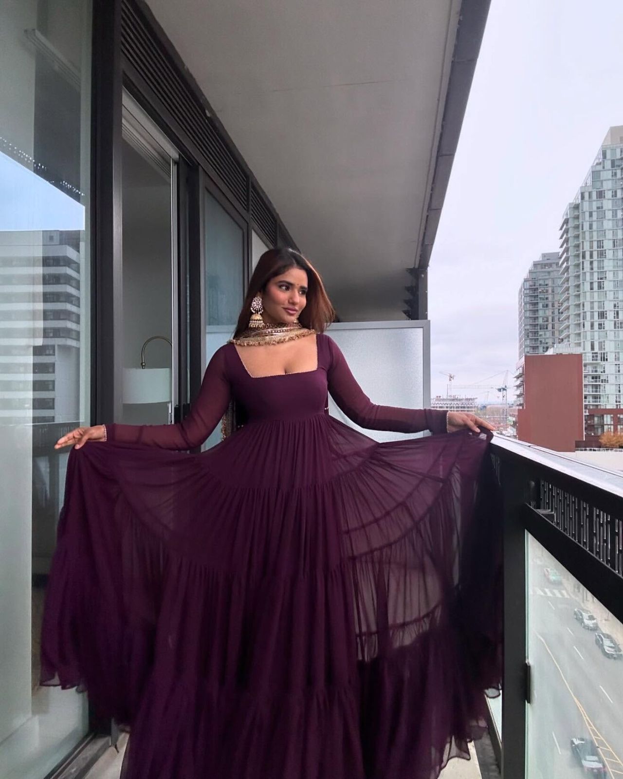 KD 1539 Wine Faux Georgette Ruffle Style Gown. Wedding, Party, Festive, Events Grab it for ₹2099. Delivery 4-6 Working Days. Shop now. | Gowns, Bollywood Gowns, Creative Gowns, Designer Gowns, Embroidered Gowns, Party Wear Gowns