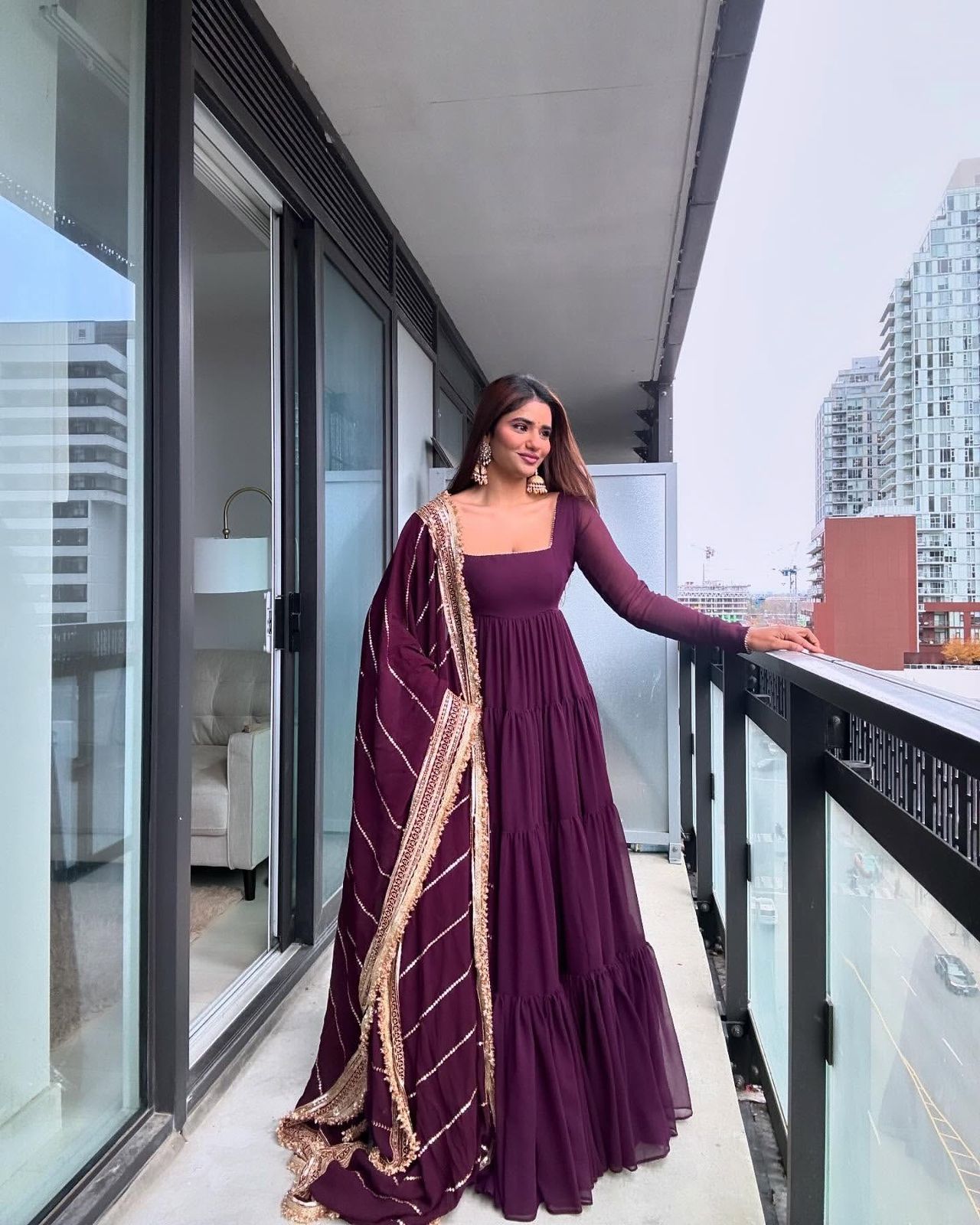 KD 1539 Wine Faux Georgette Ruffle Style Gown. Wedding, Party, Festive, Events Grab it for ₹2099. Delivery 4-6 Working Days. Shop now. | Gowns, Bollywood Gowns, Creative Gowns, Designer Gowns, Embroidered Gowns, Party Wear Gowns