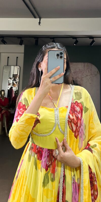 YNF 5103 Yellow Lace Work Gown in Chiffon. Get it for ₹1899. Wedding, Party, Festive, Events Delivery 4-6 Working Days. Shop now. | Gowns, Bollywood Gowns, Creative Gowns, Designer Gowns, Embroidered Gowns, Party Wear Gowns