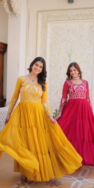 Ram 083 Yellow Fox Georgette Sequence Work Gown . Wedding, Party, Festive, Events Grab it for ₹1749. Delivery 4-6 Working Days. Shop now. | Gowns, Bollywood Gowns, Creative Gowns, Designer Gowns, Embroidered Gowns, Party Wear Gowns