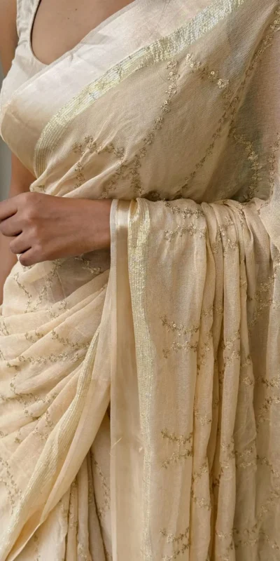 MS 505 Off White Viscose Satin Saree with Sequins Work & Embroidery Work. Special Price ₹1599. Delivery 4-6 Working Days. Shop now. | Sarees, Bollywood Sarees, Creative Sarees, Designer Sarees, Embroidered Sarees, Ethnic Saree, Modern Digital sarees, Party Wear Sarees