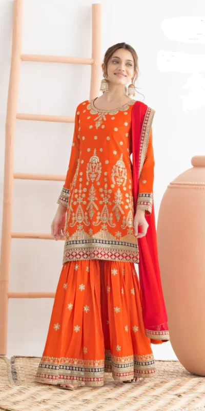 FC 726 Orange Chinon Salwar Suit Perfect for Wedding, Party, Ethnic Day, Makar Sankranti, Cultural Events – . Best Price ₹3049. Delivery 4-6 Working | Jump Suits, Salwar suit, Designer Suits, Casual Suits, Creative suits, Palazzo Suits, Party Wear Suits, Patiala Suits, Straight Suits