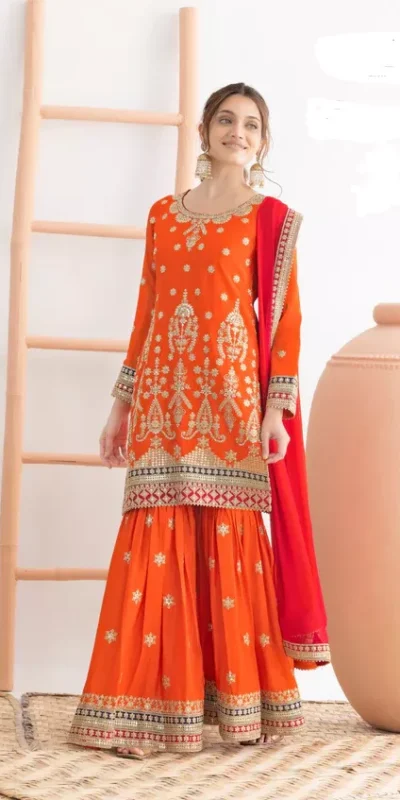 FC 725 Orange Chinon Salwar Suit Perfect for Wedding, Party, Ethnic Day, Makar Sankranti, Cultural Events – . Best Price ₹3049. Delivery 4-6 Working | Jump Suits, Salwar suit, Designer Suits, Casual Suits, Creative suits, Palazzo Suits, Party Wear Suits, Patiala Suits, Straight Suits