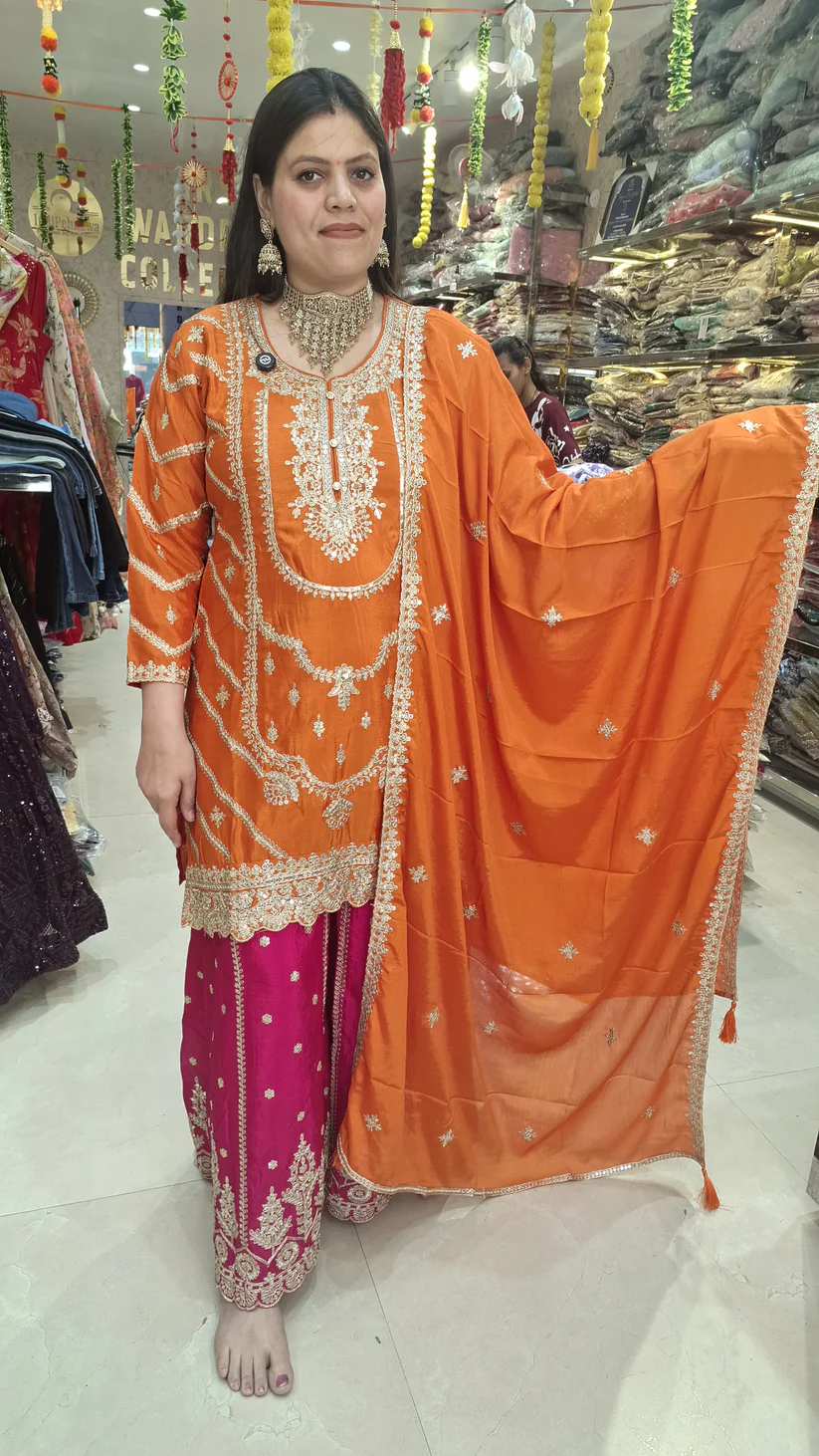 ND 5033 Orange Chinon Silk Salwar Suit with Embroidery Work & Lace Work. Affordable Price ₹2149. Delivery 4-6 Working Days. Shop now. | Designer Suits, Jump Suits, Salwar suit, Casual Suits, Creative suits, Palazzo Suits, Party Wear Suits, Patiala Suits, Straight Suits