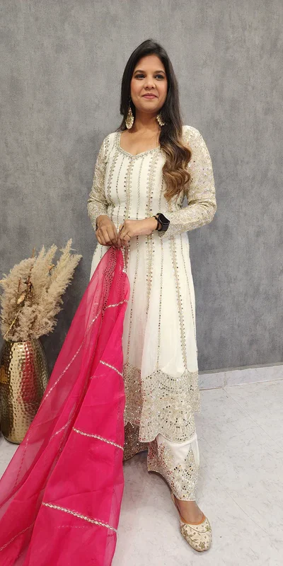 KD 1521 White Faux Georgette Salwar Suit Perfect for Wedding, Party, Pooja, Reception, Engagement – . Introductory Price ₹2099. Delivery 4-6 Working D | Jump Suits, Salwar suit, Designer Suits, Casual Suits, Creative suits, Palazzo Suits, Party Wear Suits, Patiala Suits, Straight Suits