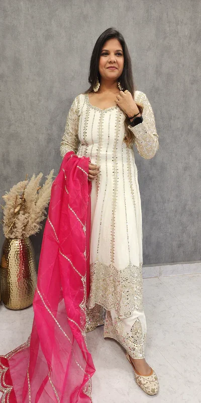 KD 1521 White Faux Georgette Salwar Suit Perfect for Wedding, Party, Pooja, Reception, Engagement – . Introductory Price ₹2099. Delivery 4-6 Working D | Jump Suits, Salwar suit, Designer Suits, Casual Suits, Creative suits, Palazzo Suits, Party Wear Suits, Patiala Suits, Straight Suits